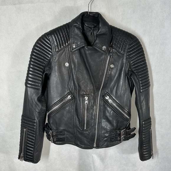 All Saints Estella Biker Moto Lamb Leather Crop Jacket Size 2 Black - Picture 4 of 13